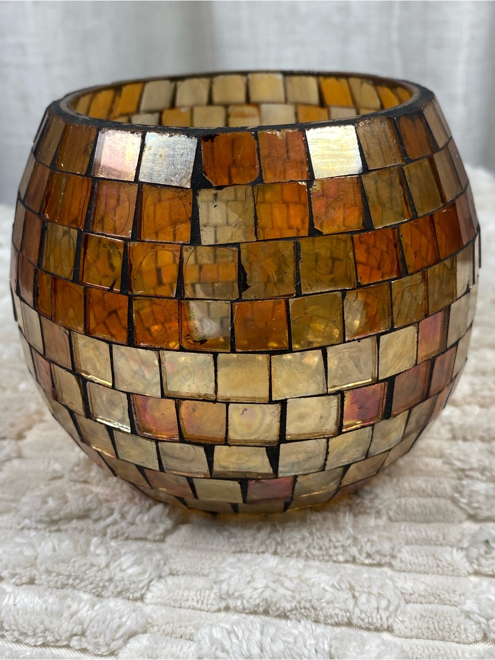 Vintage Amber Mosaic Glass Votive Candle Holder Iridescent Honey Tea Light Globe